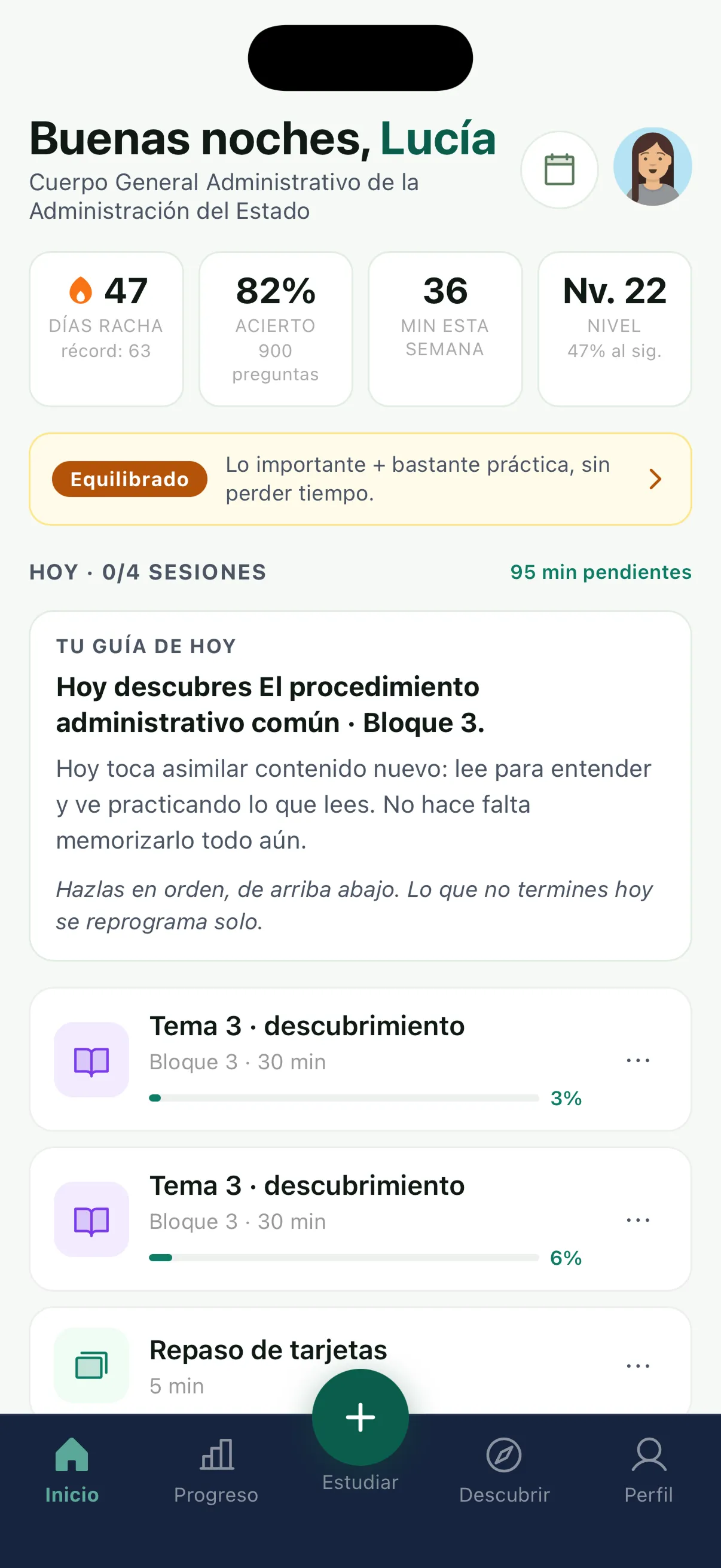 Pantalla de inicio de Persevera: racha, porcentaje de acierto, nivel y el plan del día