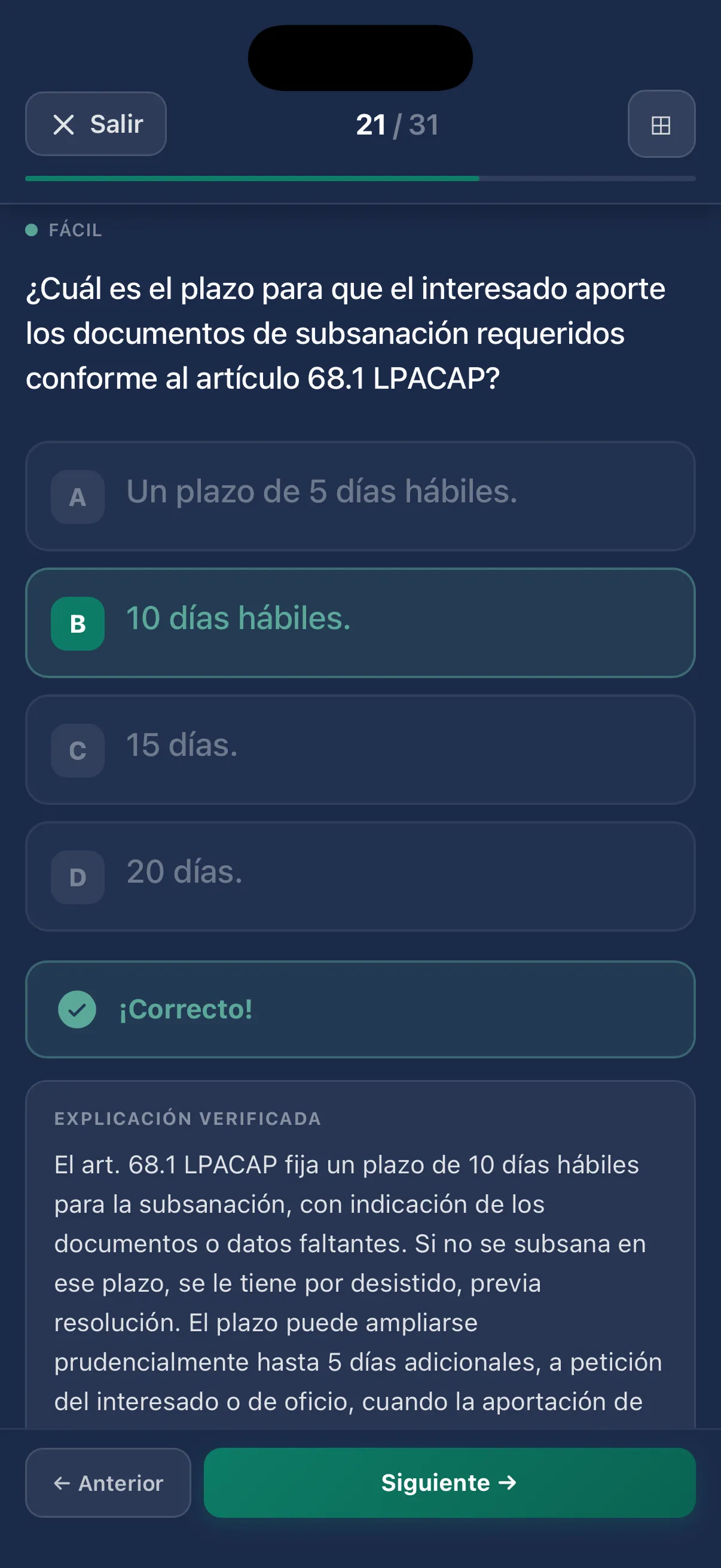 Pantalla de test de Persevera: pregunta de la LPACAP, respuesta correcta marcada y su explicación