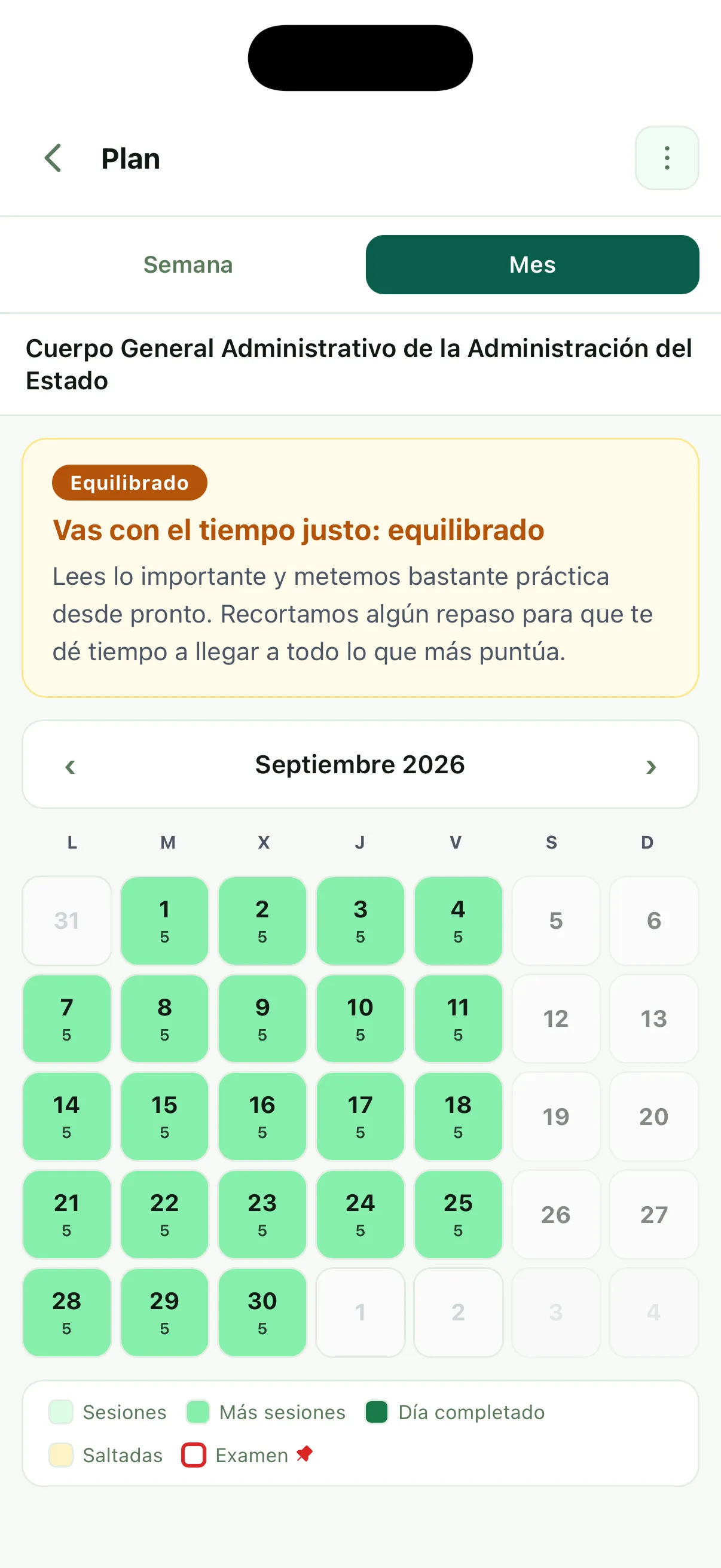 Pantalla del plan de estudio de Persevera, repartido por sesiones