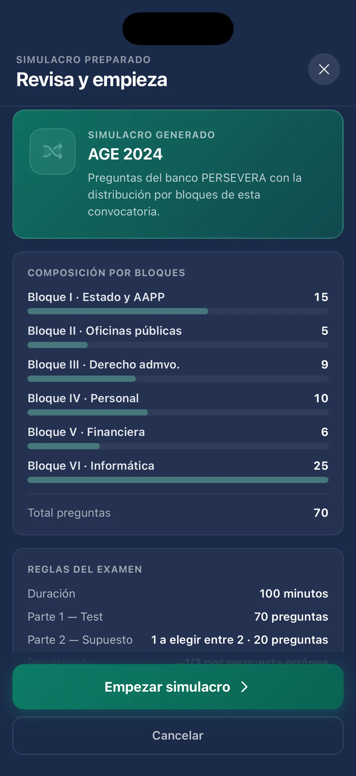 Pantalla de simulacros cronometrados de Persevera