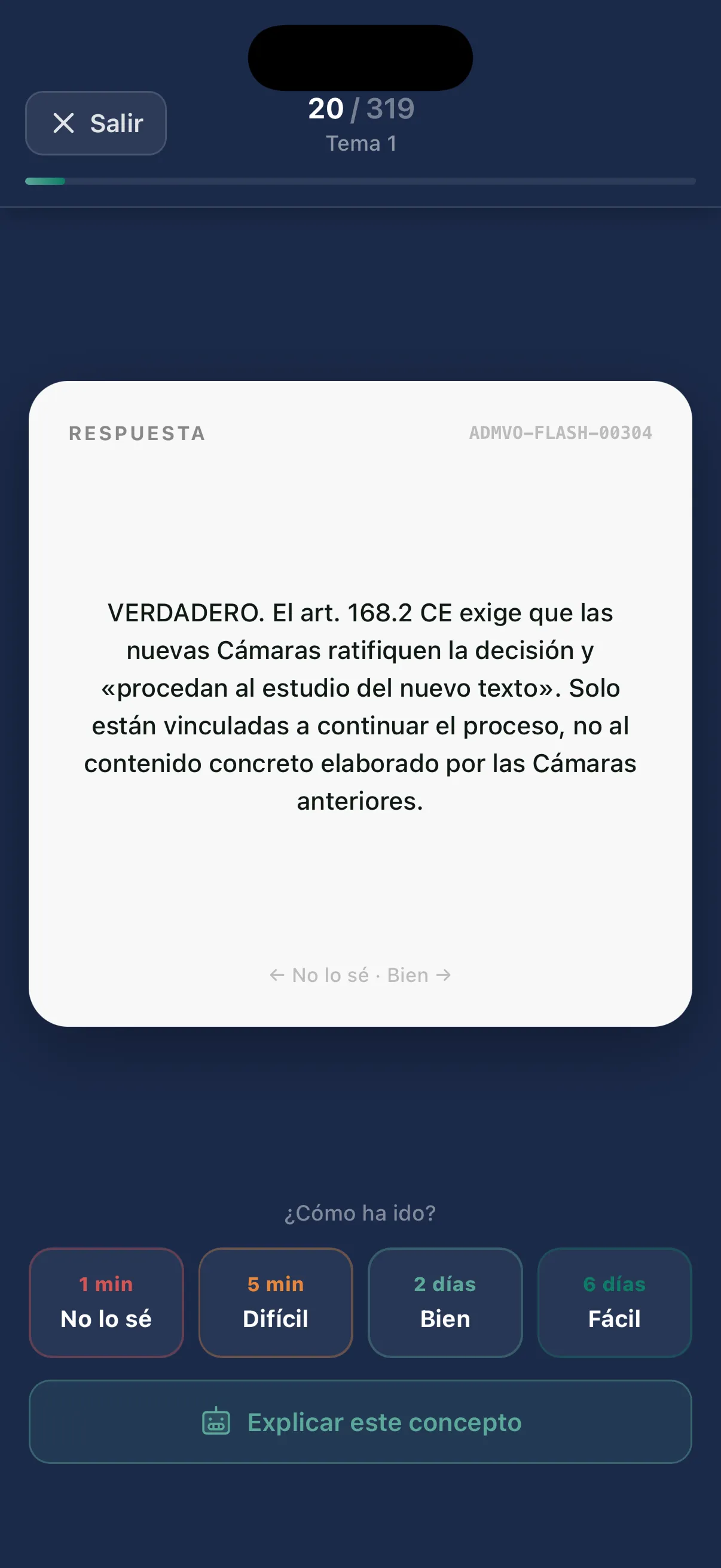 Pantalla de flashcards con repaso espaciado de Persevera