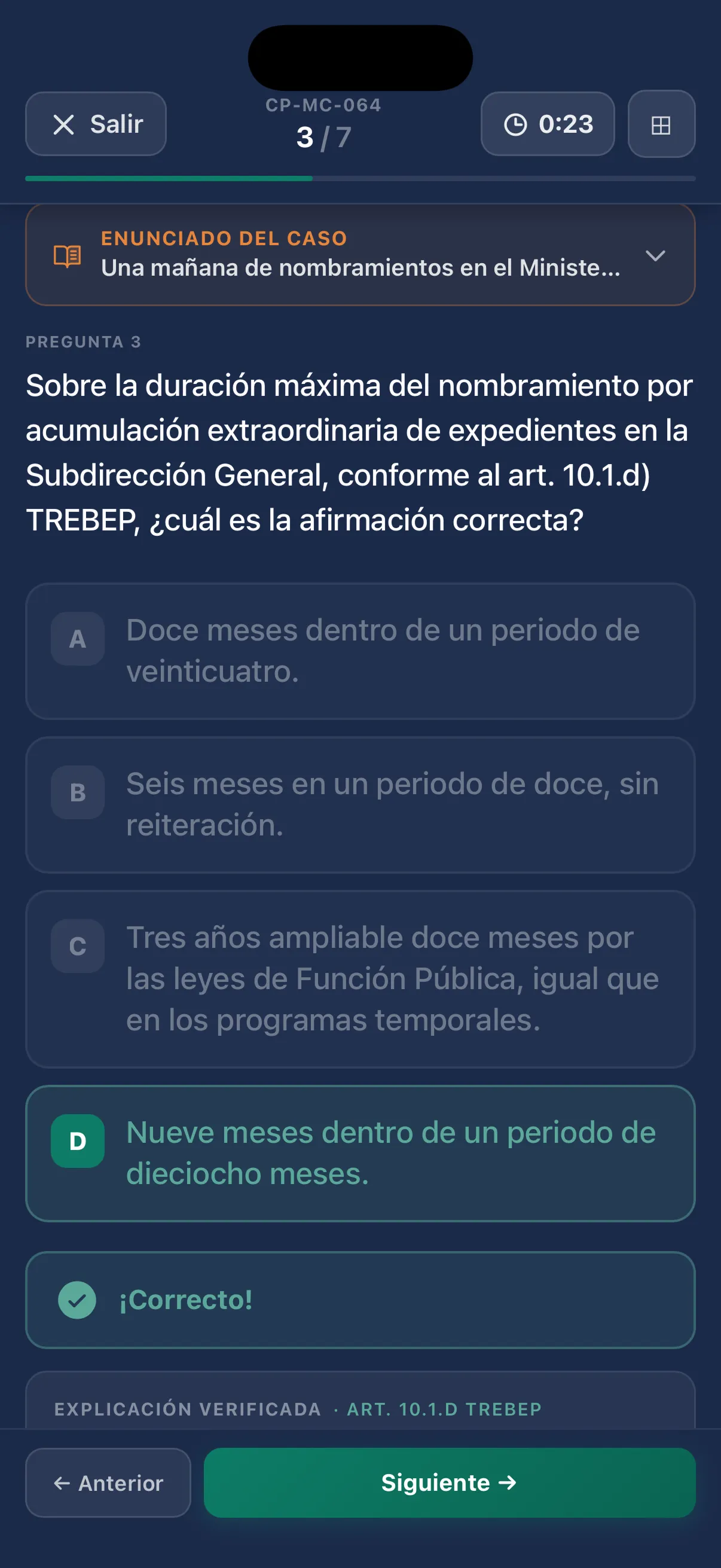 Pantalla de casos prácticos de Persevera