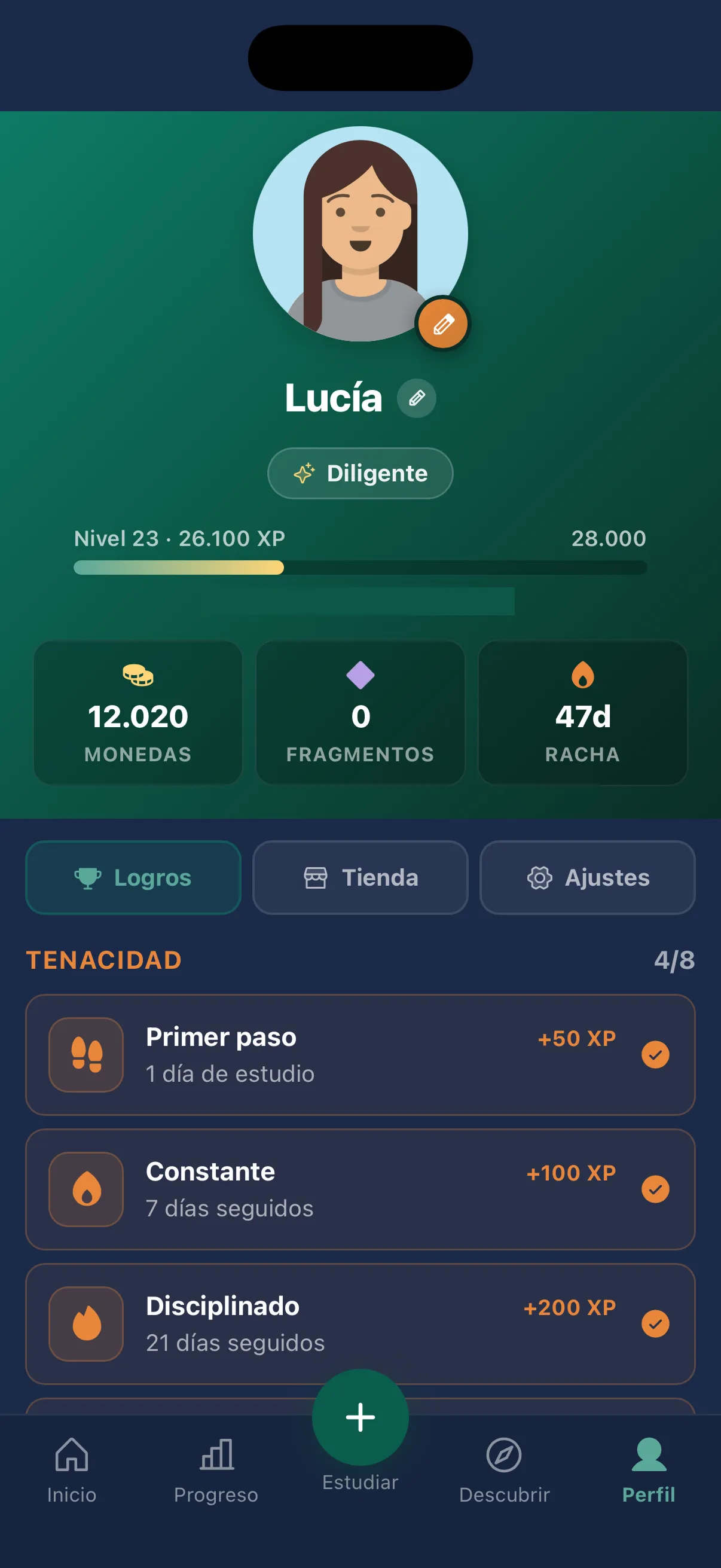Pantalla de perfil de Persevera: racha, niveles y logros
