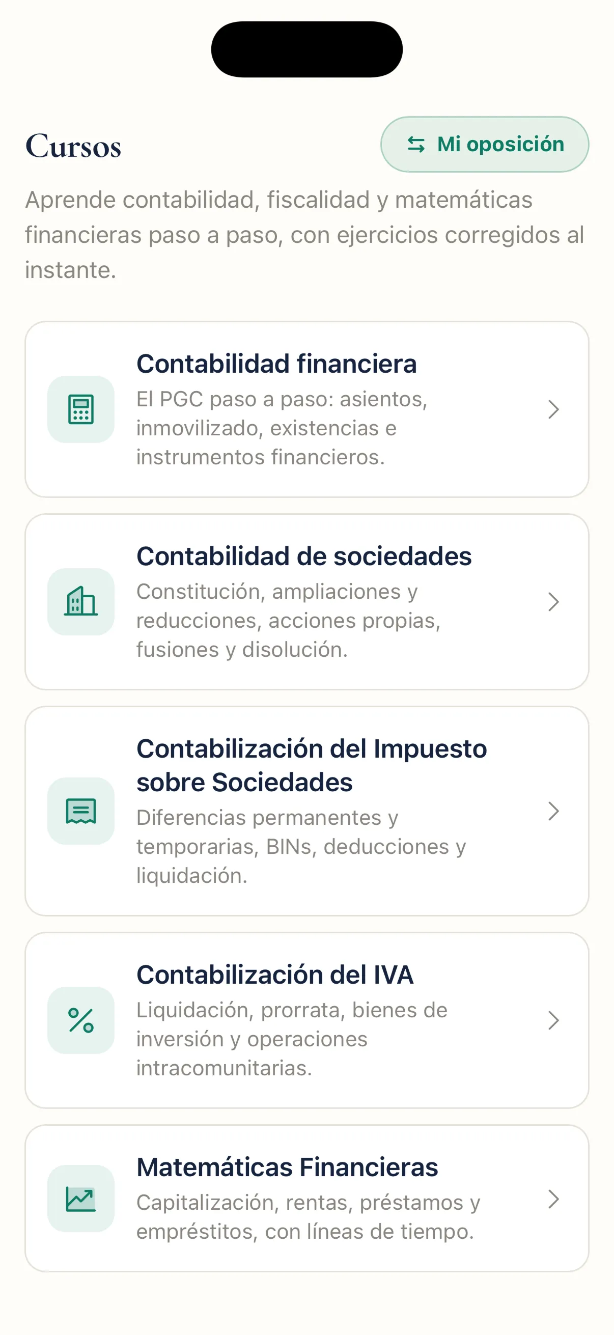 Pantalla de cursos de Persevera: derecho constitucional, procedimiento administrativo, función pública, contabilidad, IRPF, IVA, Sociedades y matemáticas financieras