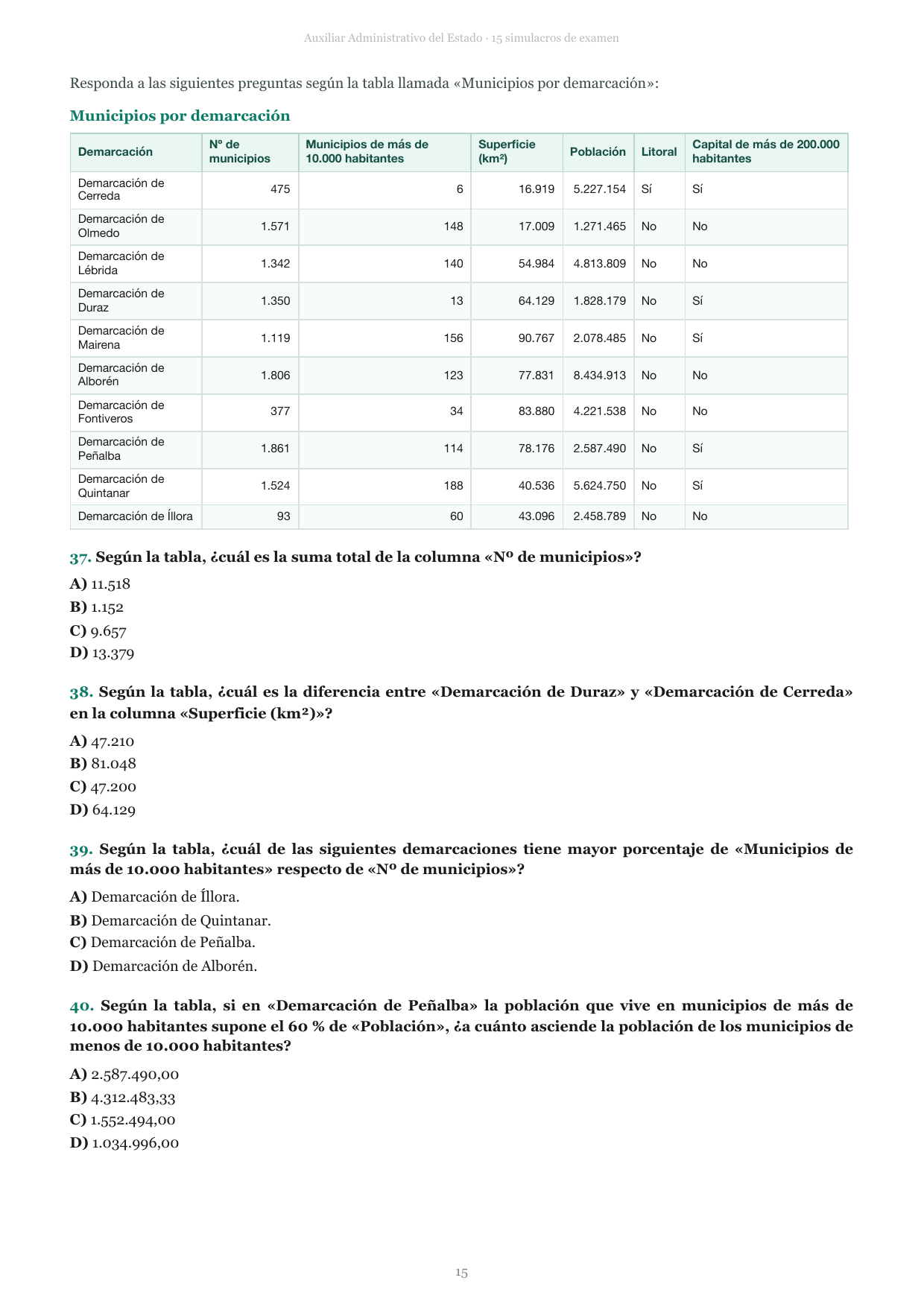 Página de psicotécnicos de un simulacro de examen del Auxiliar Administrativo del Estado