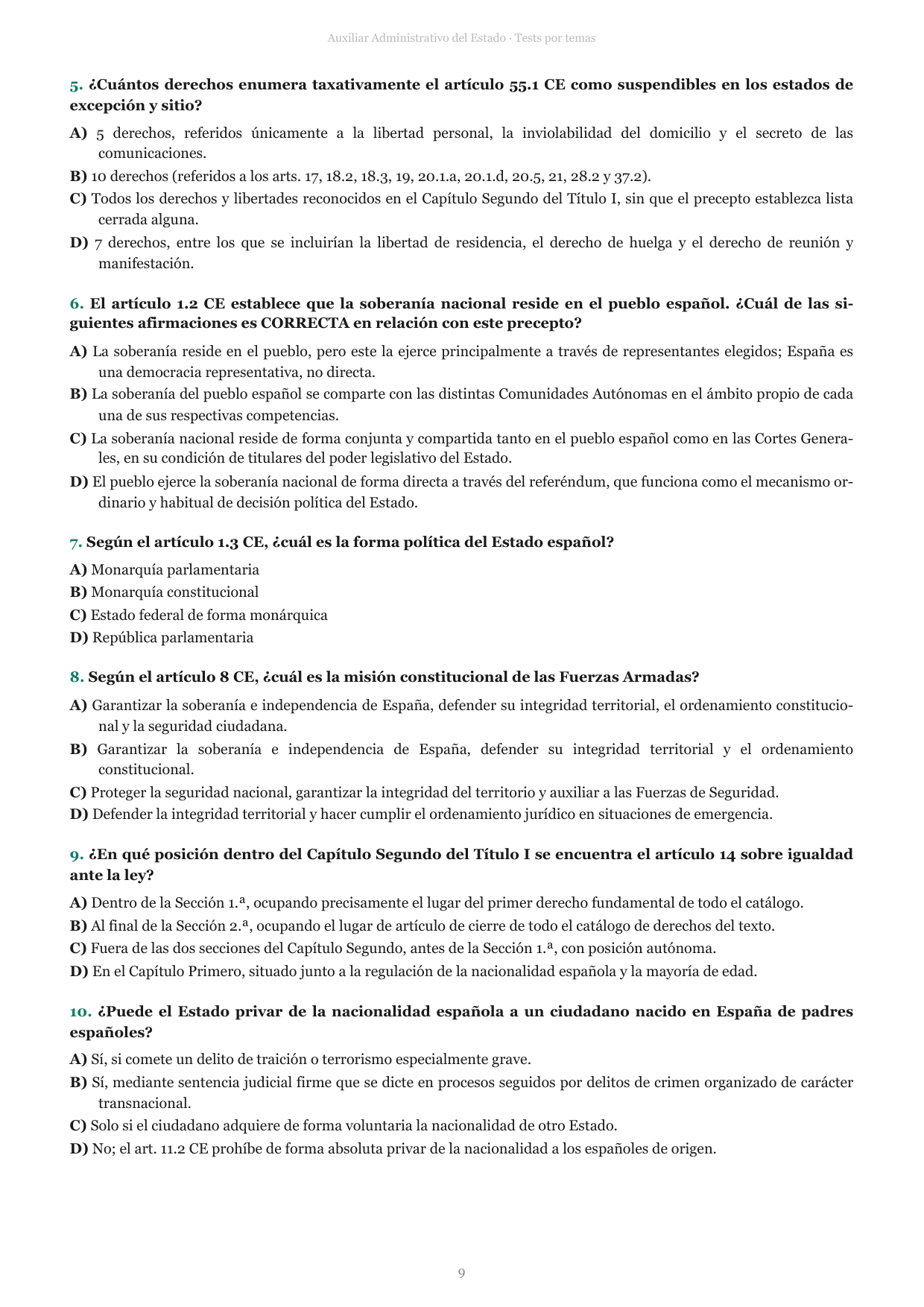 Página de preguntas del libro de Auxiliar Administrativo del Estado