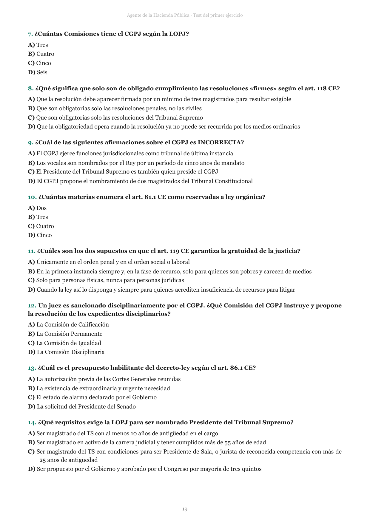 Página de preguntas del libro de Agente de la Hacienda Pública