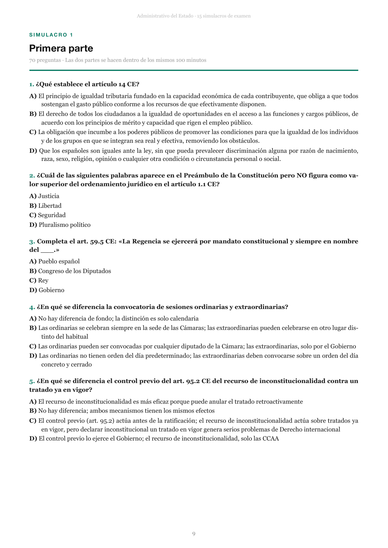 Página de preguntas de un simulacro de examen del Administrativo del Estado