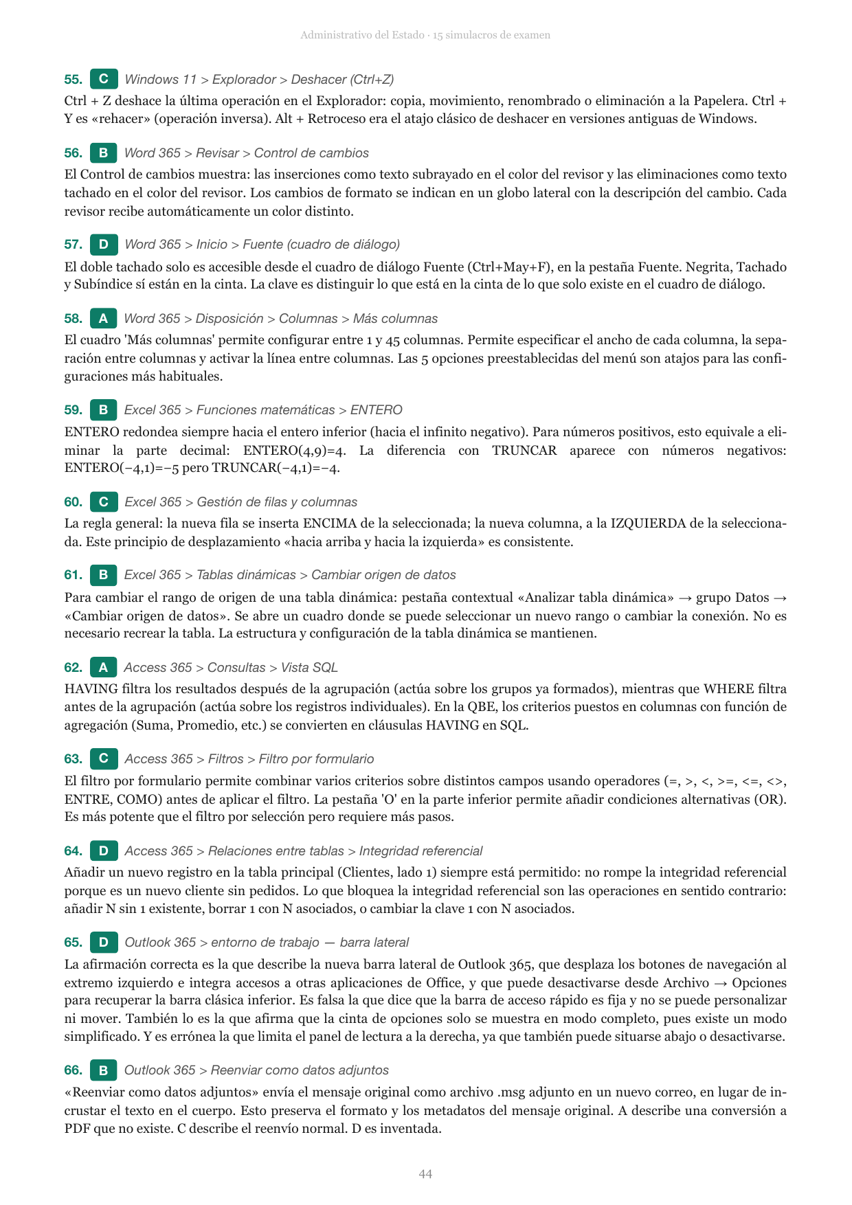 Página de soluciones de un simulacro de examen del Administrativo del Estado