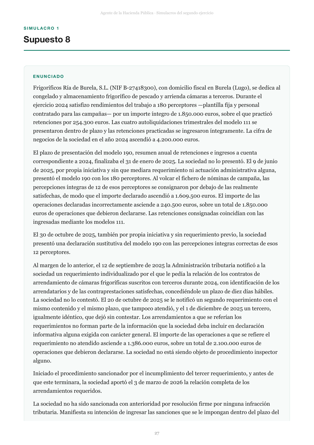 Página con el enunciado de un supuesto práctico del segundo ejercicio de Agente de la Hacienda Pública