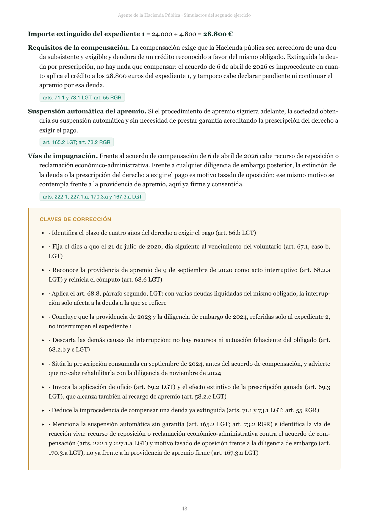 Página con la resolución razonada de un supuesto y sus claves de corrección