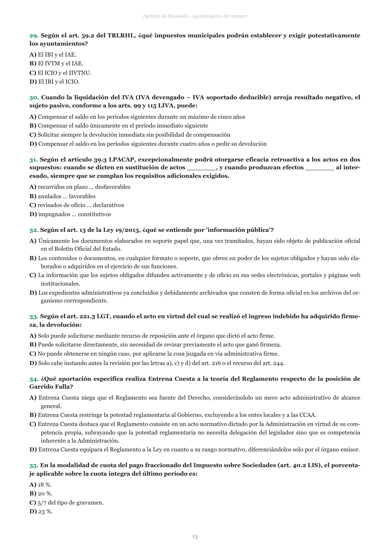 Página de preguntas de un simulacro de examen de Agentes de la Hacienda Pública