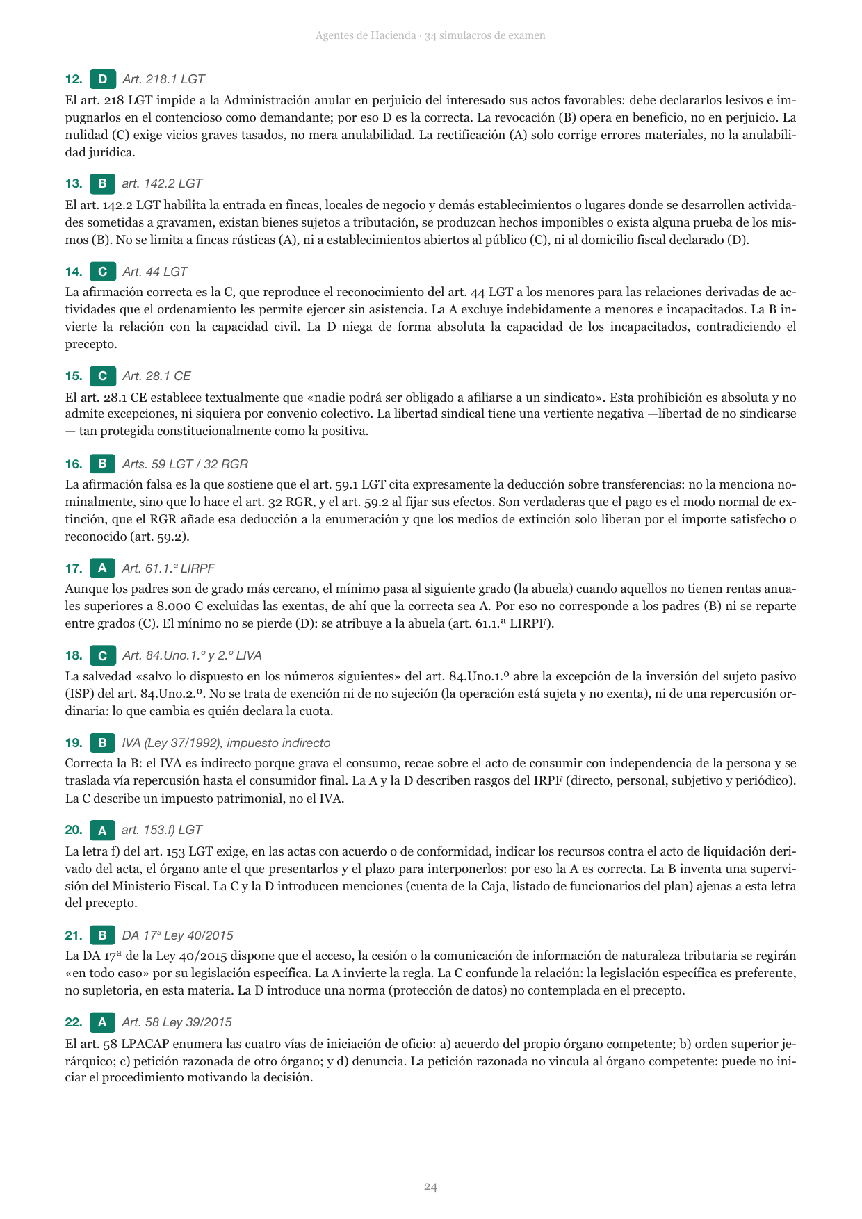 Página de soluciones de un simulacro de examen de Agentes de la Hacienda Pública