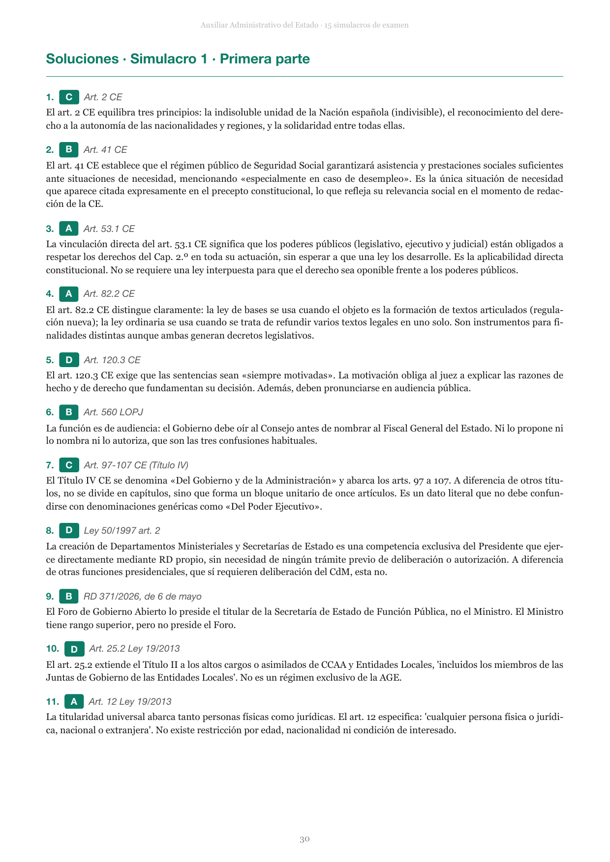 Página de soluciones de un simulacro de examen del Auxiliar Administrativo del Estado