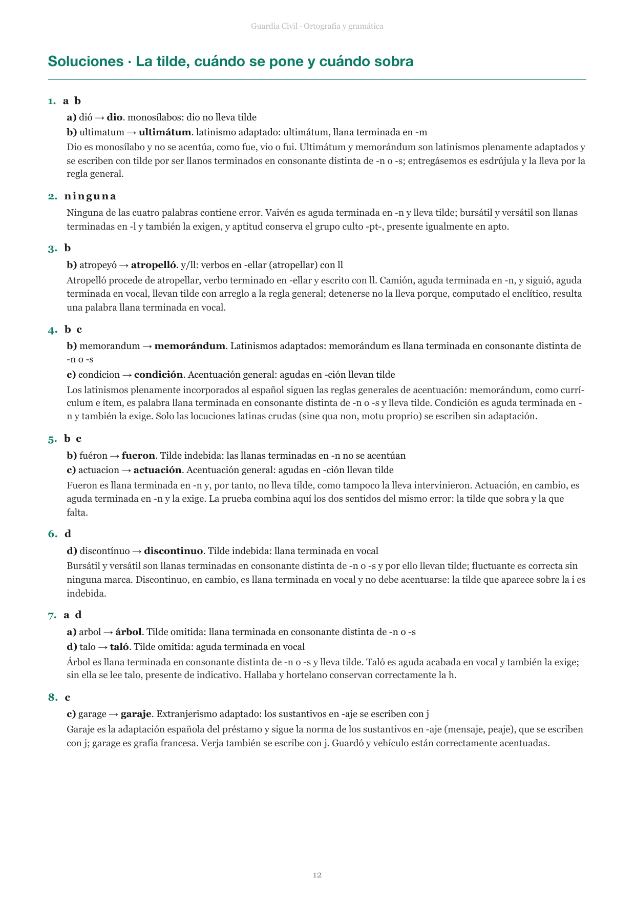 Página de soluciones del libro de ortografía y gramática de la Guardia Civil