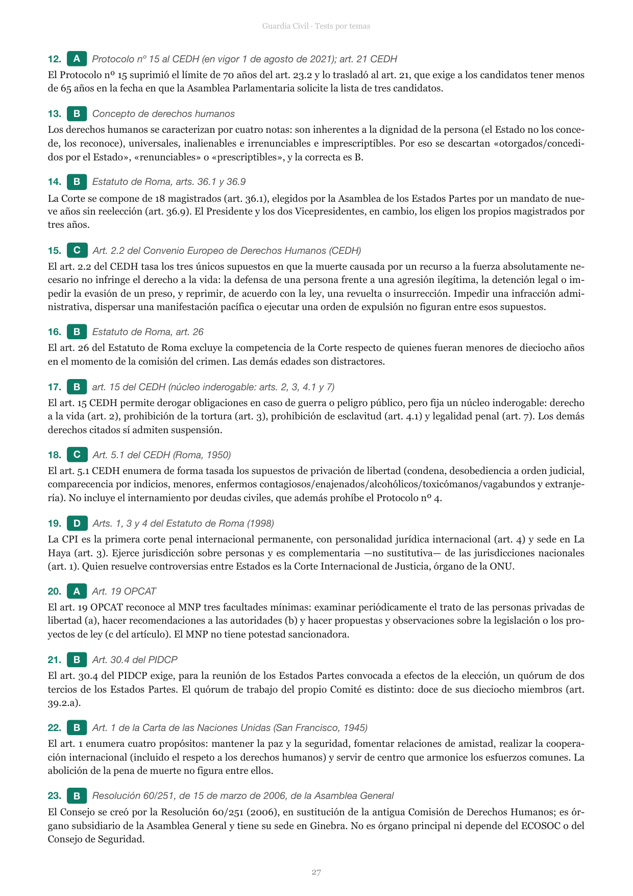 Página de soluciones explicadas del libro de test de la Guardia Civil