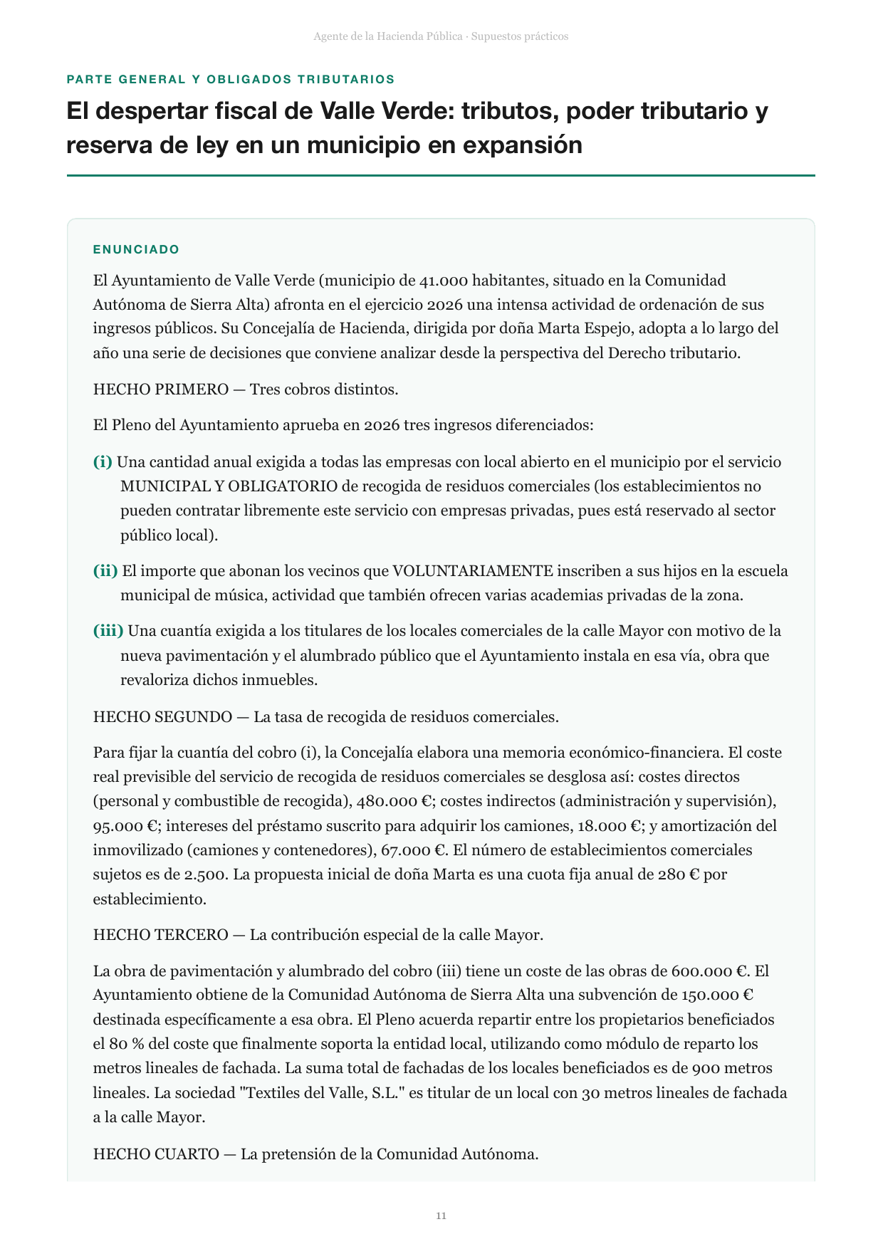 Página de enunciado de un supuesto práctico