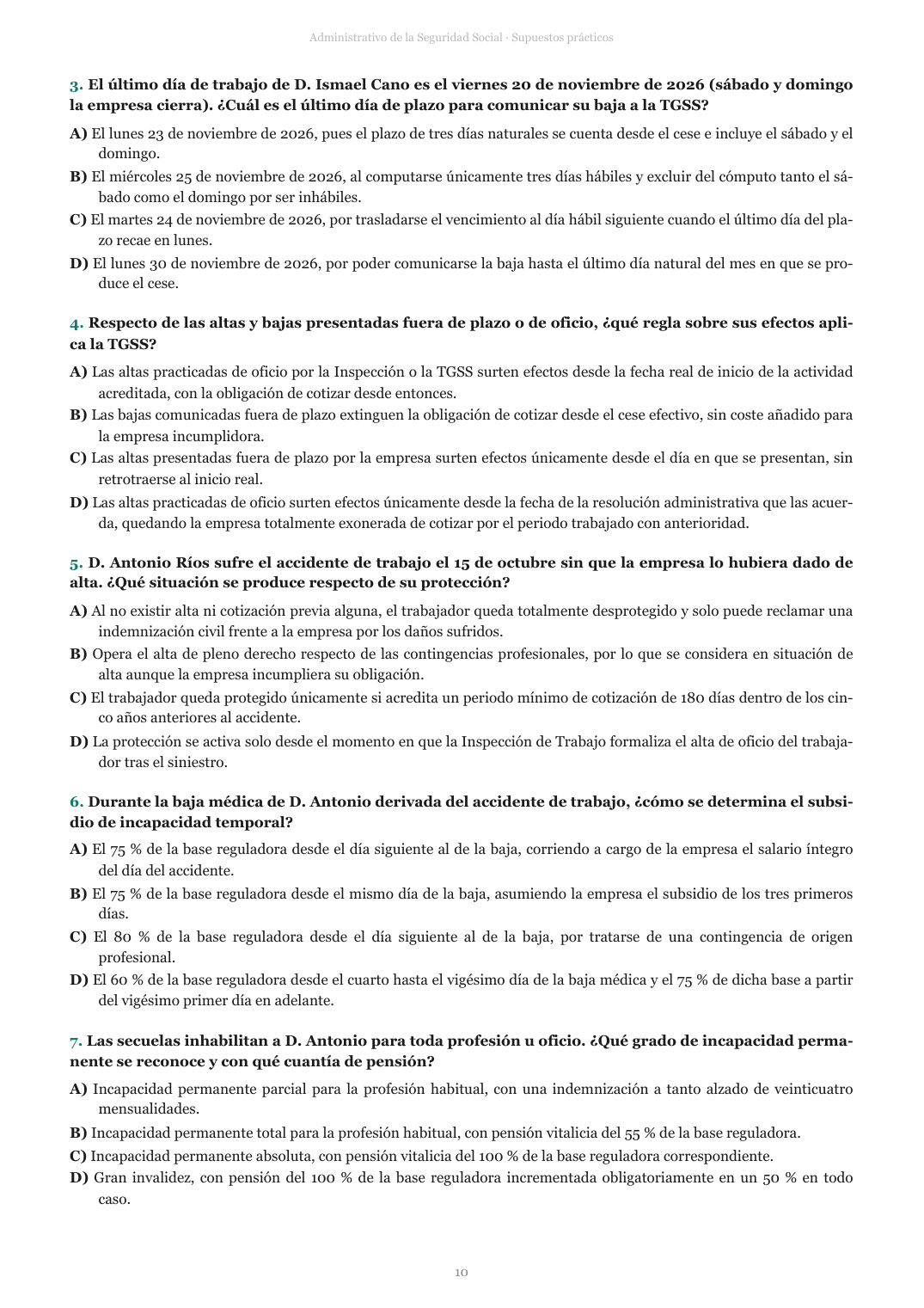 Página de enunciado de un supuesto práctico del Administrativo de la Seguridad Social