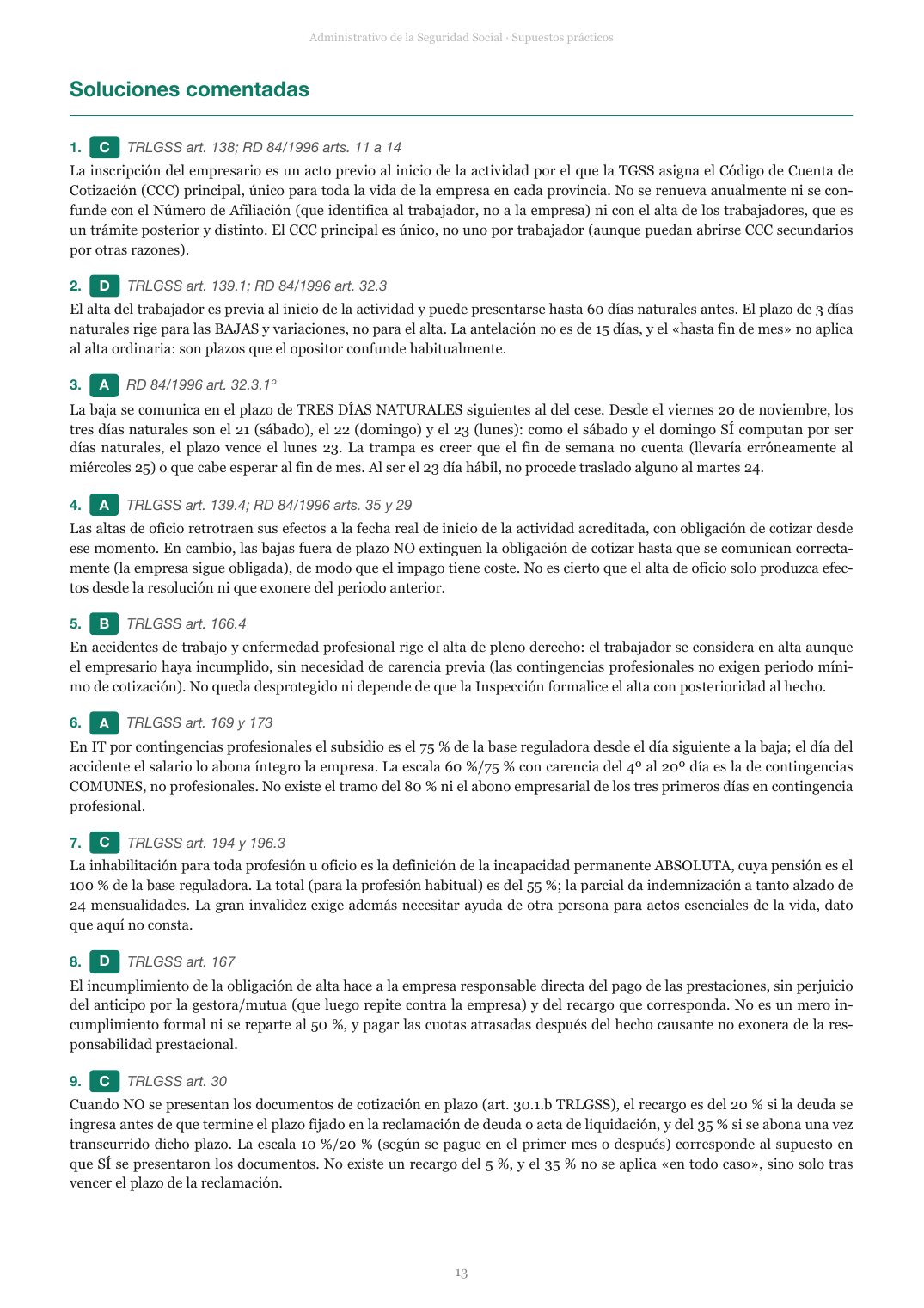 Página de soluciones comentadas de un supuesto práctico del Administrativo de la Seguridad Social