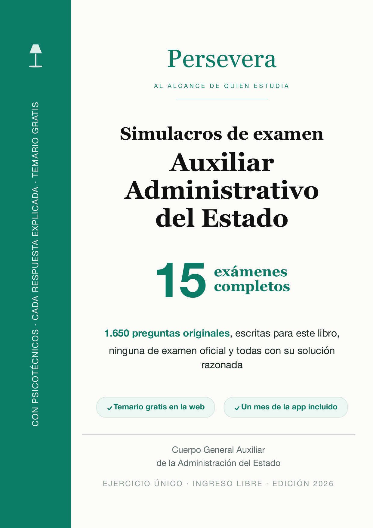 Cubierta del libro de 15 simulacros de examen (Auxiliar Administrativo del Estado)