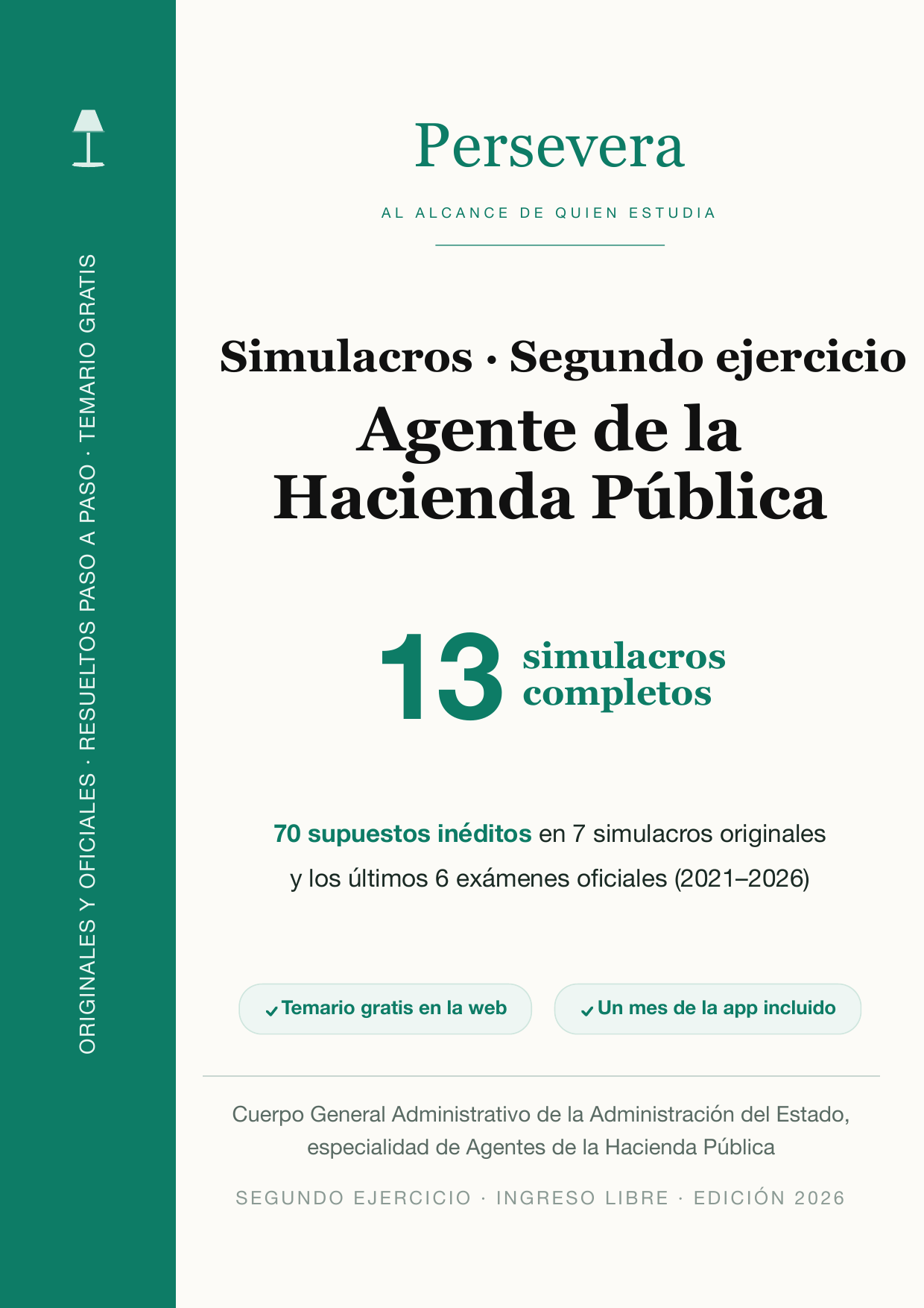 Cubierta del libro de 13 simulacros del segundo ejercicio (Agente de Hacienda)