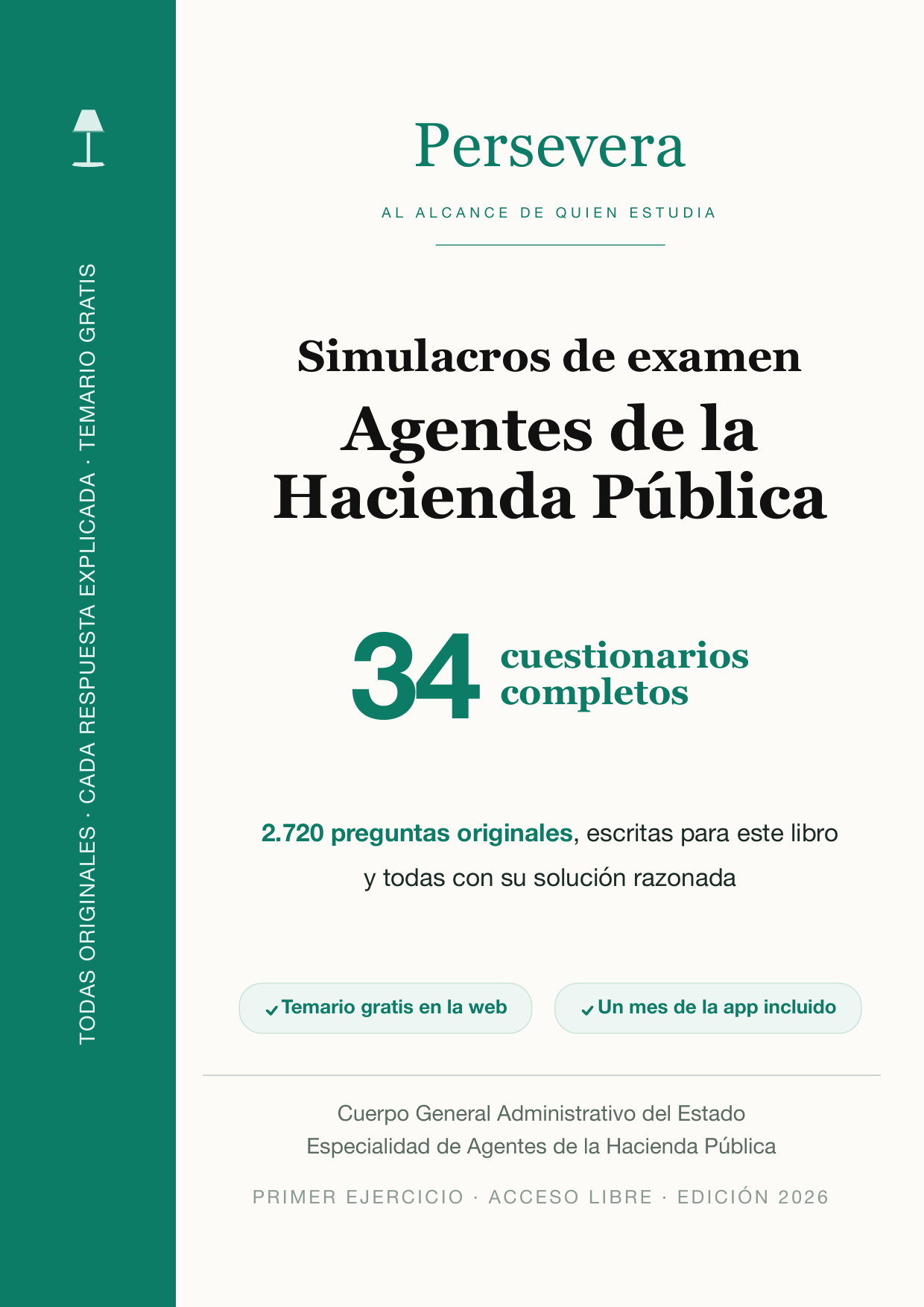 Cubierta del libro de 34 simulacros de examen (Agente de Hacienda)